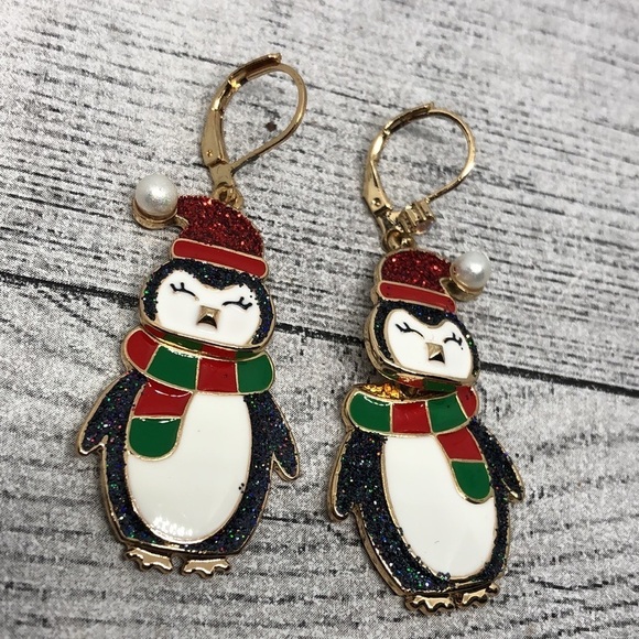 Betsey Johnson glittery penguin earrings gold tone statement dangle drop festive - Picture 2 of 4